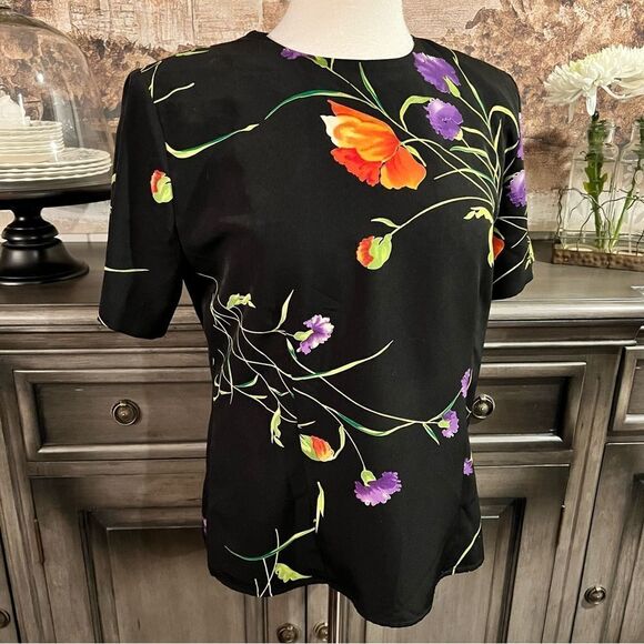 Vintage Black Floral Blouse Short Sleeved size Medium - Picture 1 of 9
